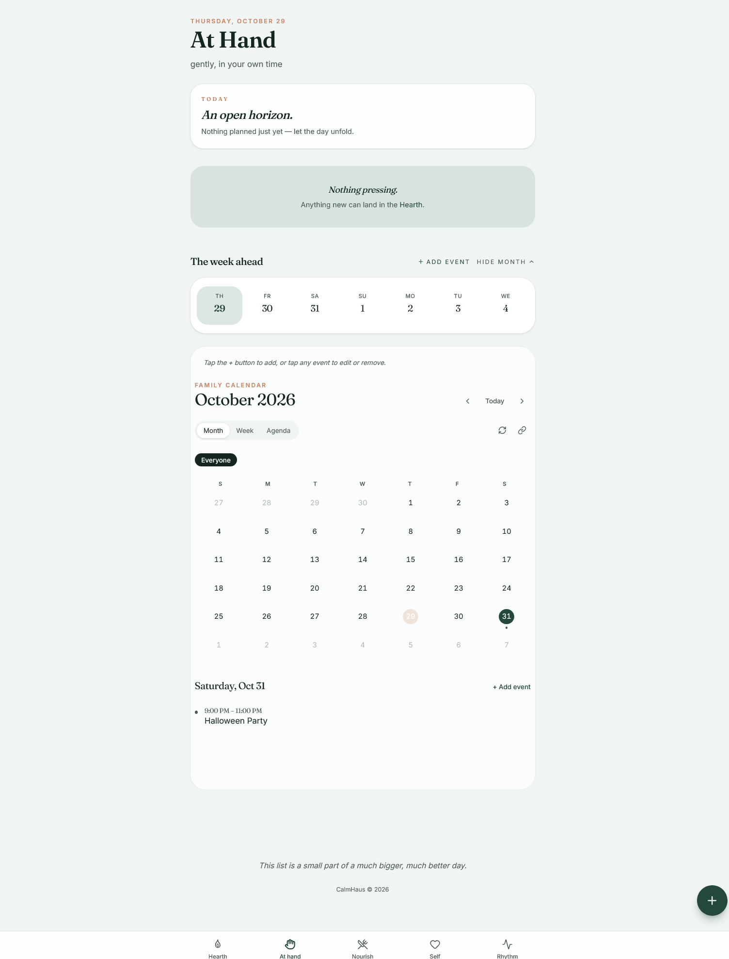 At Hand planning screen with the week ahead and a family calendar