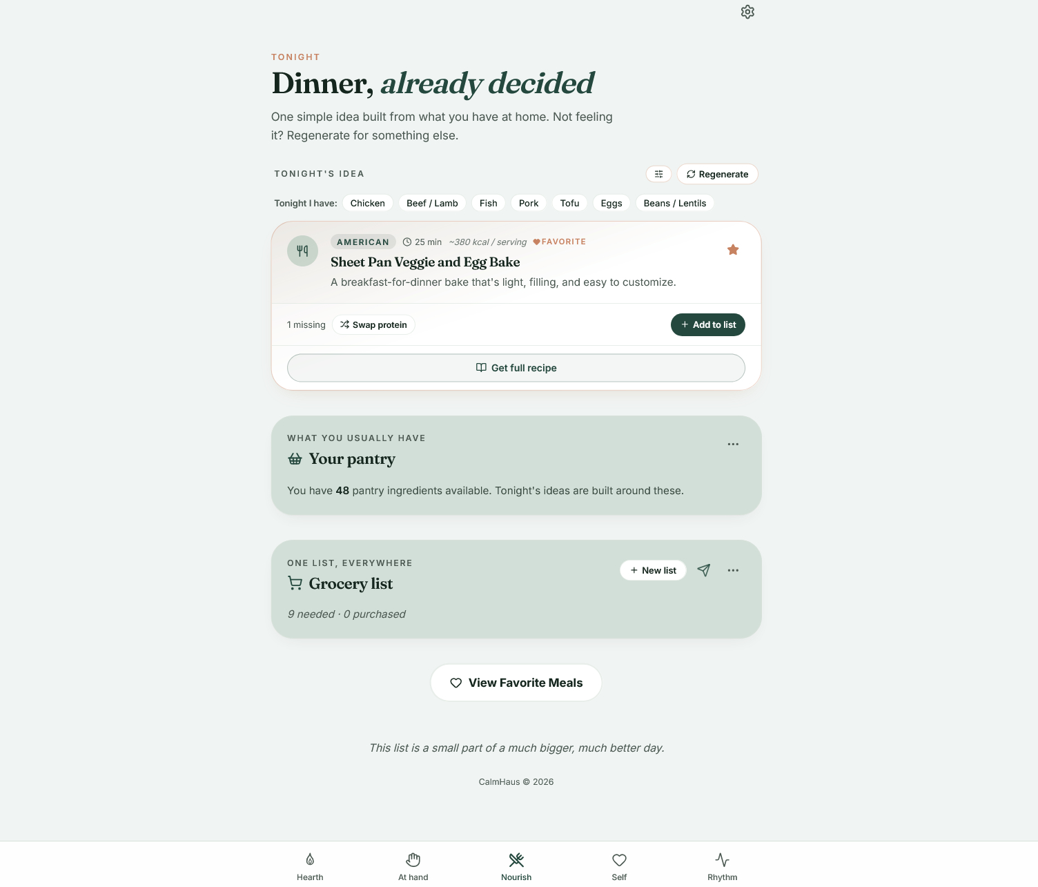 Nourish screen with meal ideas, pantry ingredients and a grocery list