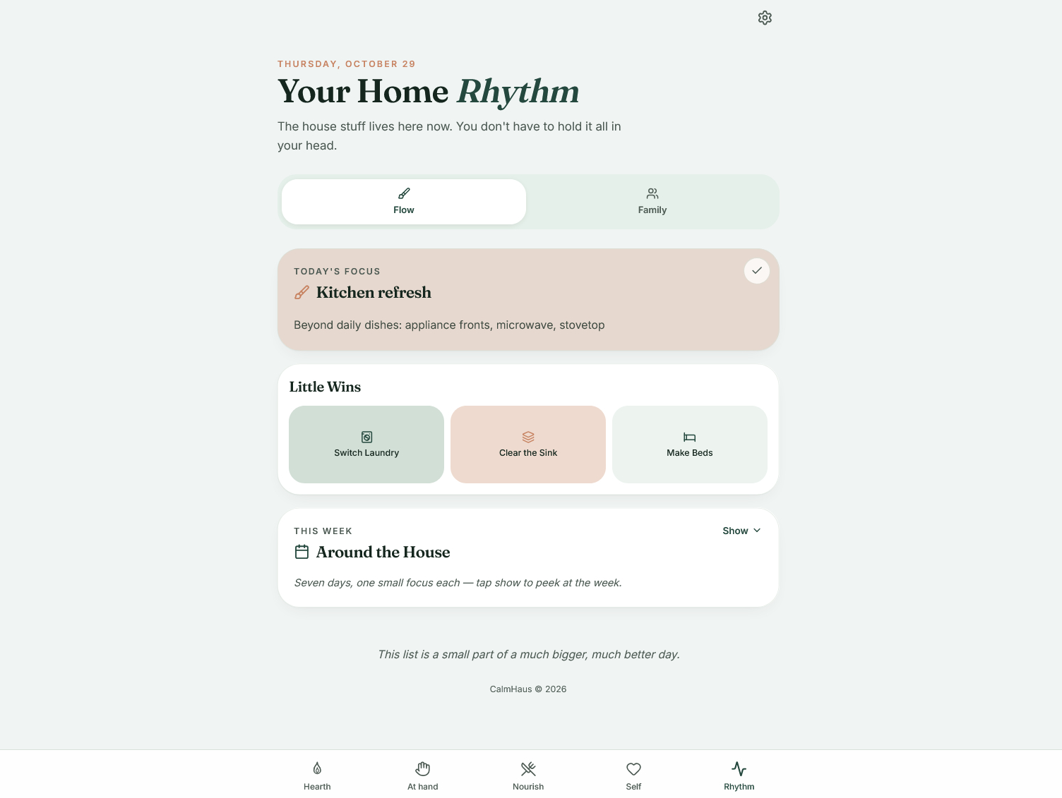 Rhythm screen showing household focus, little wins and weekly tasks