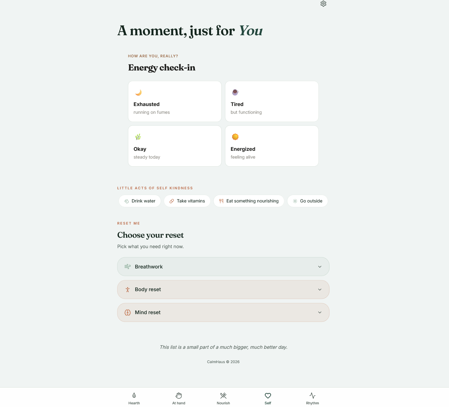 Self screen with energy check-in and gentle reset choices