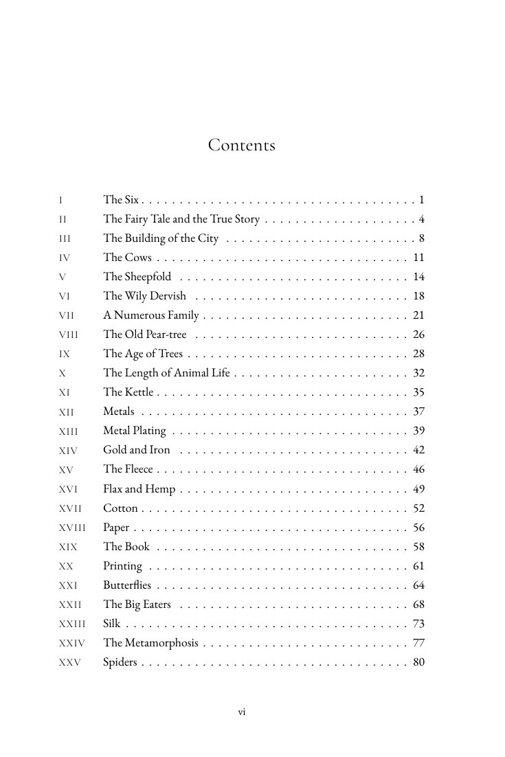 Contents page with chapter numbering and carefully aligned leaders