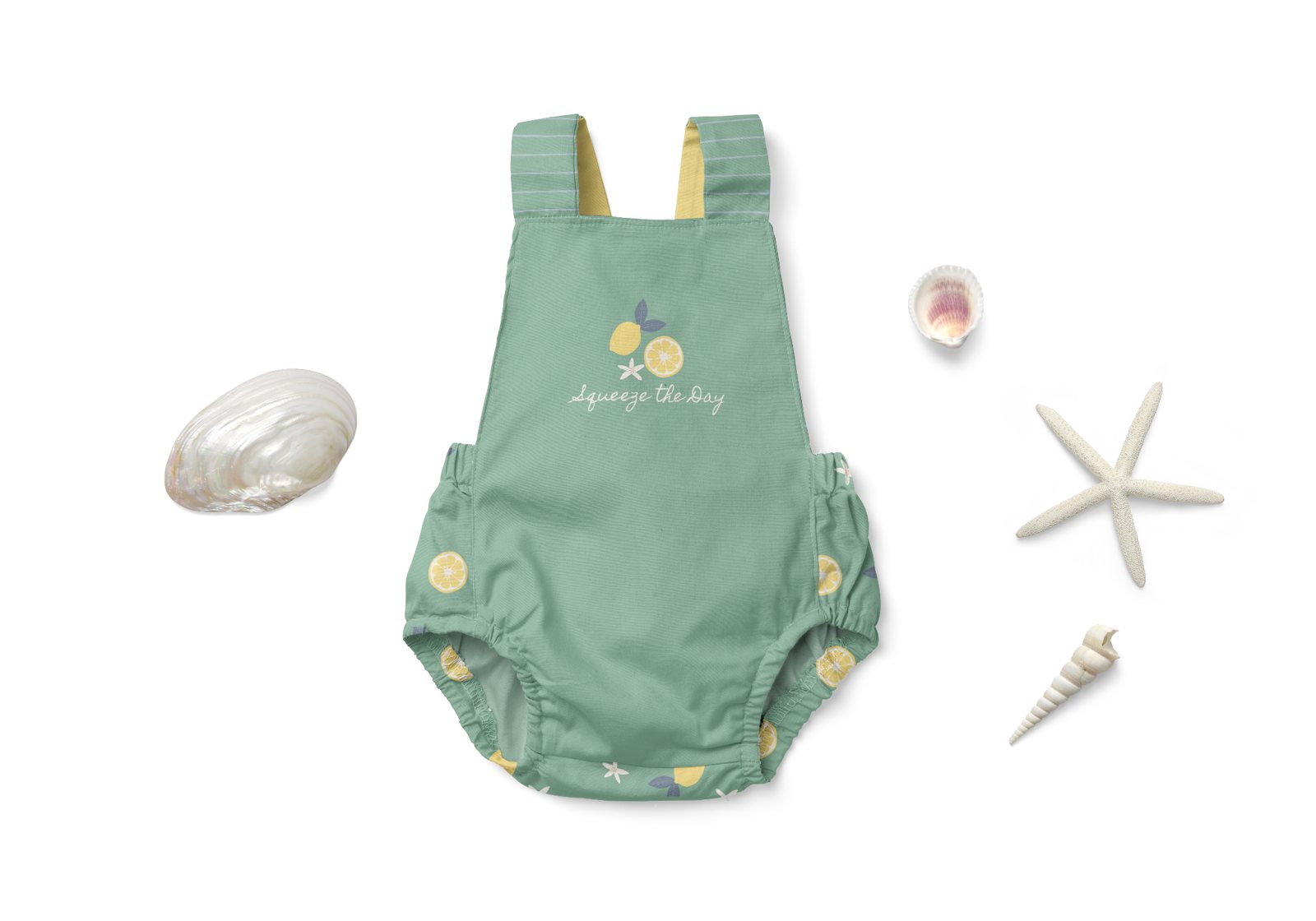 Sage green citrus romper with Squeeze the Day graphic