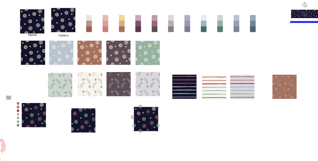 Original Flower Child development artboard with pattern and palette experiments